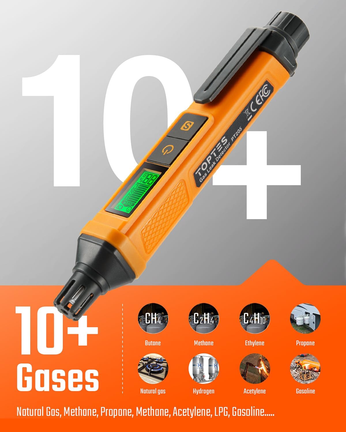 PT199 Detector de fugas de gas natural con alarma audible y visual, sniffer de gas portátil para localizar fuentes combustibles como metano, propano para el hogar (incluye batería x2), naranja