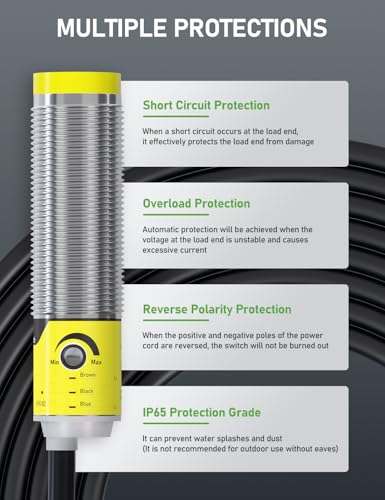 DIHOOL Sensor de proximidad fotoeléctrico, interruptor de movimiento láser, IP65 impermeable, normalmente abierto NPN NO, M16, 3 cables, entrada de 12V/24V (10-30VDC), distancia de detección ajustable
