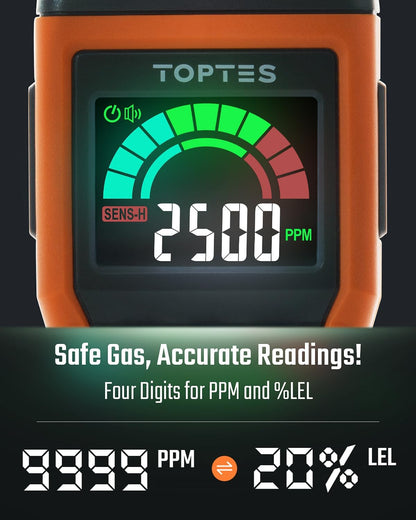 TopTes PT520B+ - Detector de fugas de gas recargable con una sonda de 43,5 cm para ubicar fugas de gas para propano, gas natural, metano, GLP en RV o hogar, medición de PPM o %LEL, color naranja