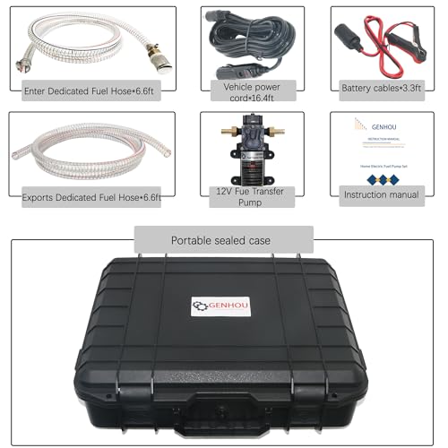 GENHOU Juego de bomba de transferencia de combustible de 12 V, mueve hasta 122 galones de gas o diésel por hora con motor de CC de 75 W y funda de transporte mejorada, con tubo de combustible de alta