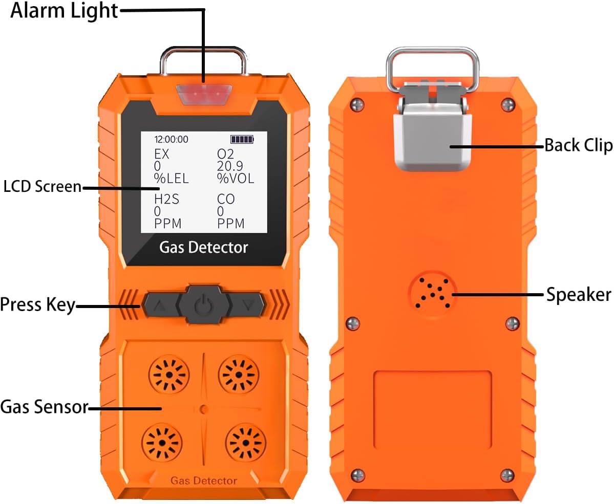 Detector de 4 gases, 4 monitores de gas portátil Detector de gas múltiple H2S, O2, CO y EX Pantalla LCD recargable Monitor H2s, sensor de calidad, medidor de gas de 13.1 ft (negro)