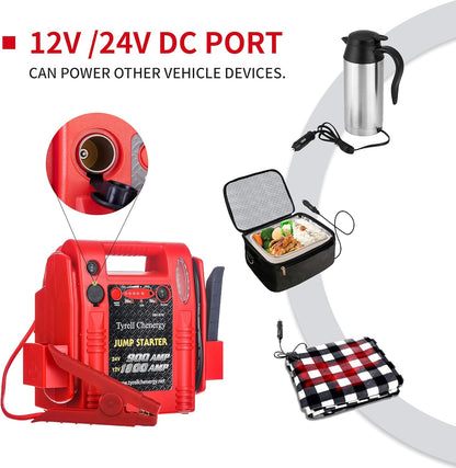 Arrancador de batería 12V/24V de 1800/900 amperios, paquete de refuerzo de batería de camión y cables de puente comerciales, incluye alimentación DC/USB para cargar teléfonos y tabletas, abrazaderas de batería de caja de salto