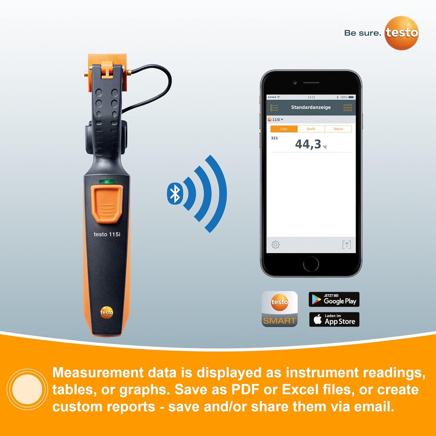 testo Abrazadera 115i - Termómetro HVAC para mediciones en tubería y rango de medición de -58° a 302 °F - Sonda de temperatura HVAC con Bluetooth y operación de aplicación - 0560 2115 03