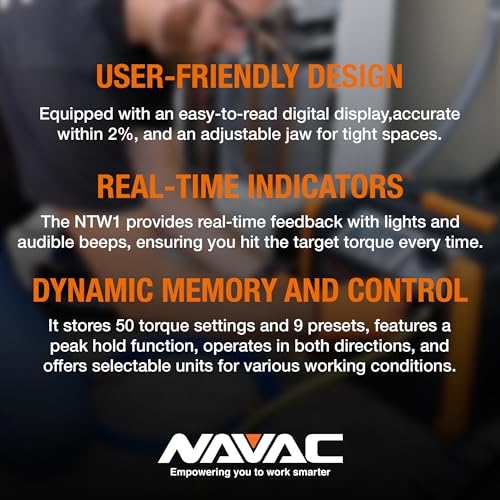 NAVAC NTW1 - Llave dinamométrica digital - Mandíbula ajustable - Lectura digital - Memoria de configuración de par - Dirección dual - Unidades de medición seleccionables - Luces indicadoras y sonido