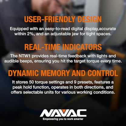 NAVAC NTW1 - Llave dinamométrica digital - Mandíbula ajustable - Lectura digital - Memoria de configuración de par - Dirección dual - Unidades de medición seleccionables - Luces indicadoras y sonido