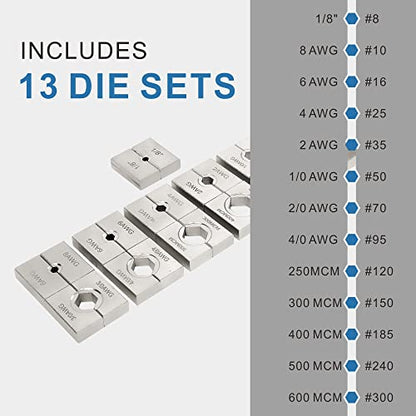 Juego de herramientas para cables hidráulicos industriales de 16 toneladas de 9 AWG a 600 MCM de cable de terminal eléctrico incluye 13 pares de juegos de troqueles