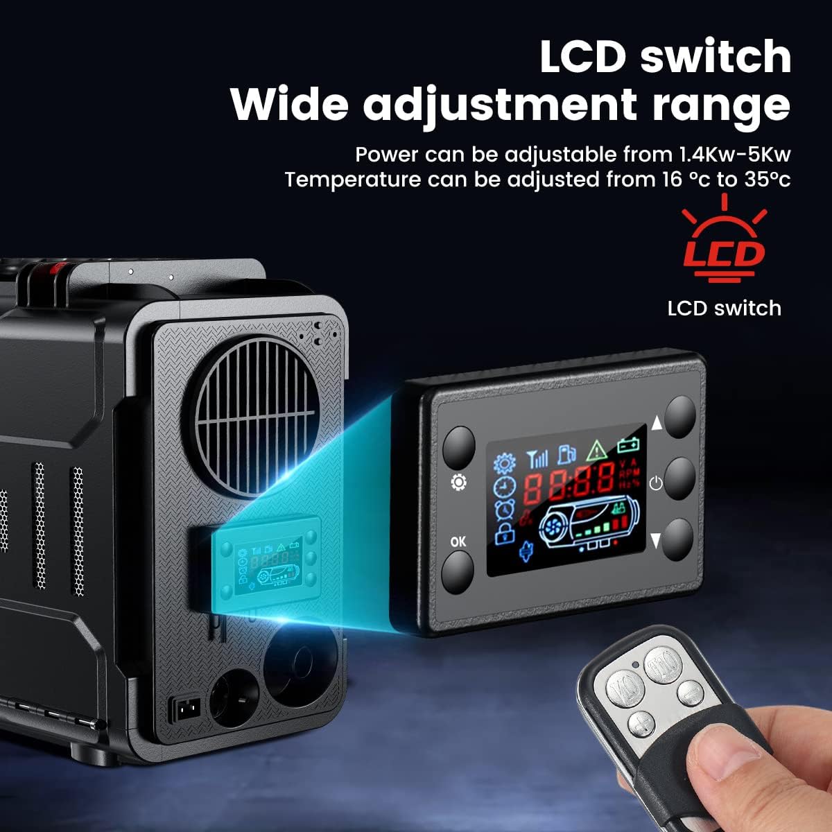 HCALORY Calentador de aire diésel portátil de 12 V, calentador de estacionamiento diésel todo en uno de 5 KW, calentador de litera de estacionamiento con control de aplicación Bluetooth y monitor LCD