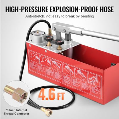 VEVOR Bomba de Prueba Hidrostática 25 Bar Kit de Probador de Presión de Agua Hidráulica Manual Doble Válvula con Tanque de Agua 10 L Manguera de 1,4m con Conector de Rosca Externa de 1/2" para Tubería