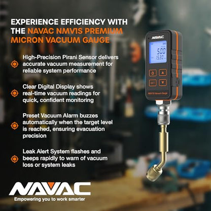 NAVAC NMV1S - Medidor de aspiradora de micras premium - Protección de alta presión - Medidor de aspiradora digital HVAC con alarma de nivel y advertencia de fugas, prueba de desintegración, gran