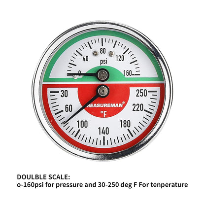 Measureman Tridicador, termo-manómetro, 2-1/2 pulgadas, relleno de aceite de silicona, 0-160 psi/30-250 grados F, caja de acero inoxidable, medidor de presión de montaje inferior NPT de 1/4 pulgadas