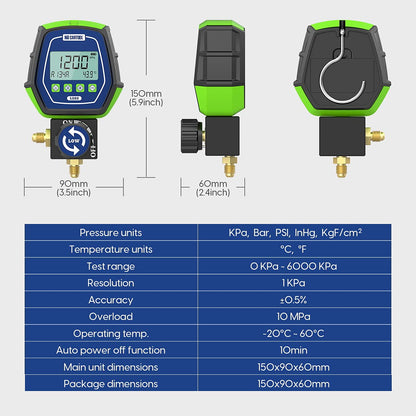MR CARTOOL L302 - Juego de medidores digitales de 2 válvulas, sistemas refrigerantes HVAC, herramienta de comprobador de presión de fugas con 3 mangueras para aire acondicionado, refrigeración y