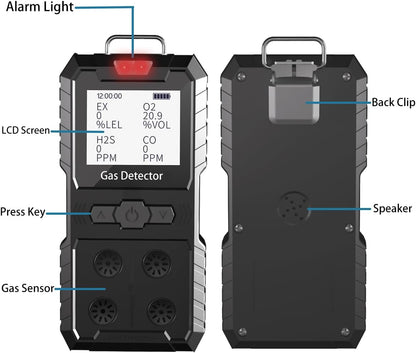 Detector de 4 gases, 4 monitores de gas portátil Detector de gas múltiple H2S, O2, CO y EX Pantalla LCD recargable Monitor H2s, sensor de calidad, medidor de gas de 13.1 ft (negro)