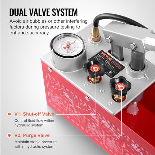 VEVOR Bomba de Prueba Hidrostática 25 Bar Kit de Probador de Presión de Agua Hidráulica Manual Doble Válvula con Tanque de Agua 10 L Manguera de 1,4m con Conector de Rosca Externa de 1/2" para Tubería