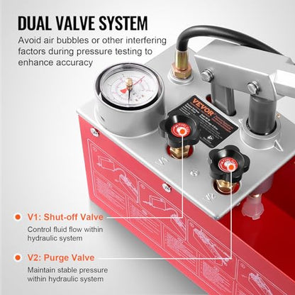 VEVOR Bomba de Prueba Hidrostática 25 Bar Kit de Probador de Presión de Agua Hidráulica Manual Doble Válvula con Tanque de Agua 10 L Manguera de 1,4m con Conector de Rosca Externa de 1/2" para Tubería
