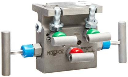 noshok 5130 Series zinc-nickel Plated Acero al carbono 5-valve punta Asiento/suave Colector de gas natural, 1/2" NPT hembra Brida, 6000 PSI Rango de presión