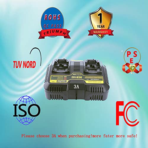 Repuesto de Cargador de batería Dual Dewalt DCB102 Compatible con Dewalt Charger DCB112 DCB115 DCB118 para Cargar 12 V 20 V Dewalt Battery DCB201 DCB204 DCB203 DCB606-2 DCB609-2...