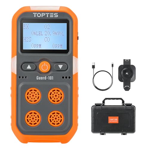 TopTes Guard-101 - Detector de gas, 4 monitores de gas para H2S, CO, LEL y O2, con alarmas de vibración, visuales y audibles, batería de 14 horas de duración, a prueba de explosiones, monitor de gas