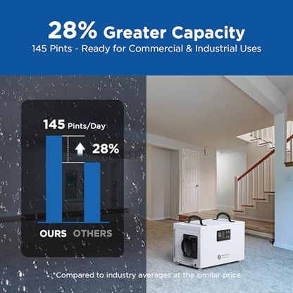 MOISWELL DEFENDER M70 Deshumidificador comercial de 145 pintas para espacio de arrastre, deshumidificador certificado Energy Star con manguera de drenaje compacto para daños de agua industrial en sótanos grandes