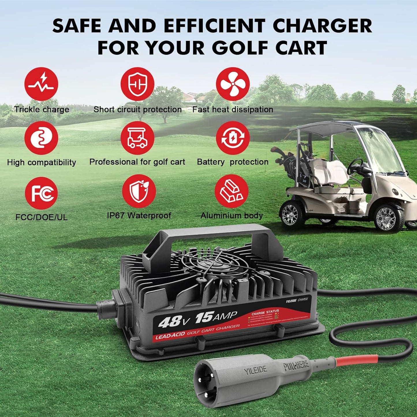 Cargador de carrito de golf de 15 amperios para EZGO y TXT de 48 voltios con enchufe Delta-Q de 3 pines