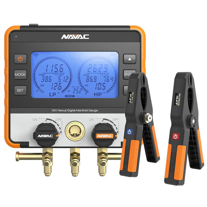NAVAC NX1 Nexus - Manómetro digital para sondas de temperatura, con Bluetooth para sondas de temperatura, resistente a los impactos, con cuerpo de aluminio y cubierta de goma, compatible con A2L