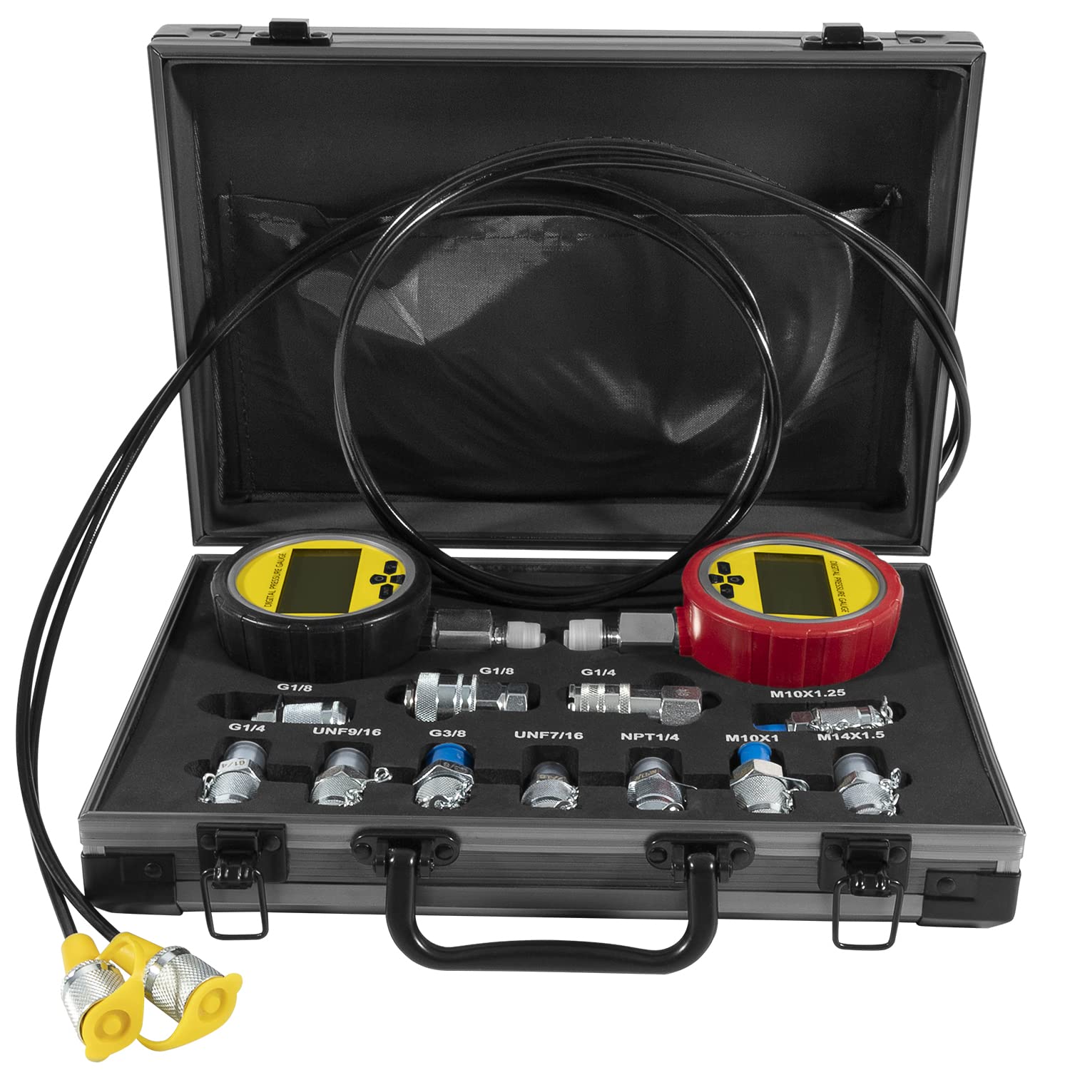 Kit de verificación de presión hidráulica de 70 m, con medidores de presión digitales de 10000 PSI/70 MPa, 11 acoplamientos, 2 mangueras de prueba, kit de acoplamiento de probador hidráulico para