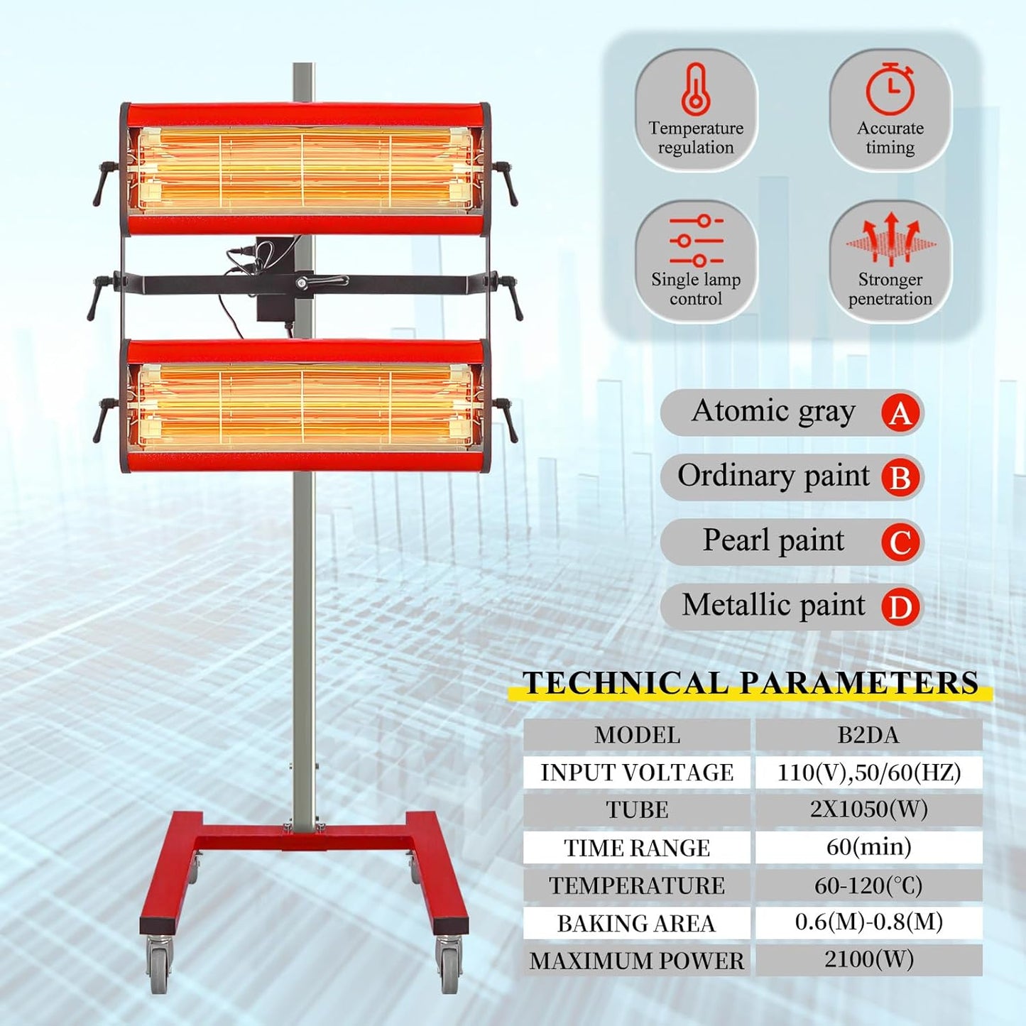 Lámpara de curado de pintura infrarroja Solary – Secador de pintura infrarroja de onda corta con temporizador para cabina de pulverización de pintura de coche, 2100 W