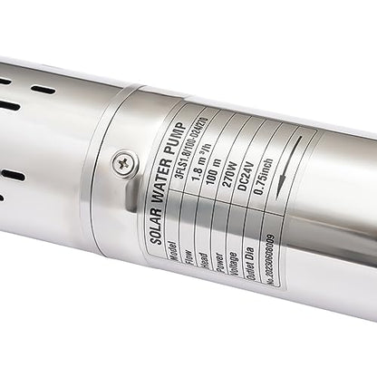 Bomba sumergible solar de pozo profundo de 3 pulgadas, 24 V, 270 W, bomba de agua solar sumergible de acero inoxidable para riego agrícola + kit de controlador MPPT 3FLS1.8/100-D24/270 (24 V 270 W)