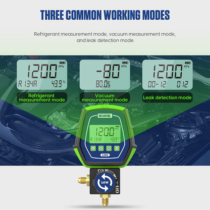 MR CARTOOL L302 - Juego de medidores digitales de 2 válvulas, sistemas refrigerantes HVAC, herramienta de comprobador de presión de fugas con 3 mangueras para aire acondicionado, refrigeración y