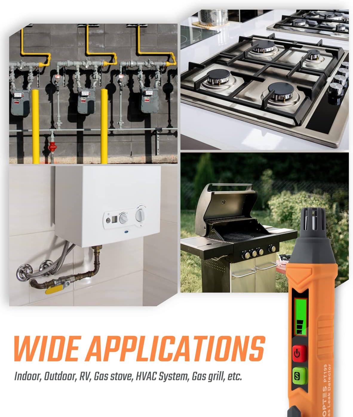 PT199 Detector de fugas de gas natural con alarma audible y visual, sniffer de gas portátil para localizar fuentes combustibles como metano, propano para el hogar (incluye batería x2), naranja