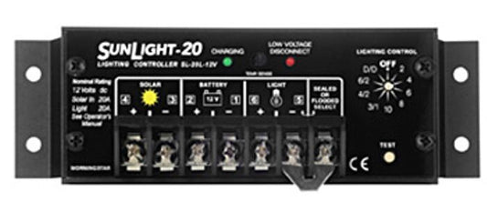 Controlador de carga solar Morningstar SL-20L-24V SunLight de 20 amperios y 24 voltios con LVD