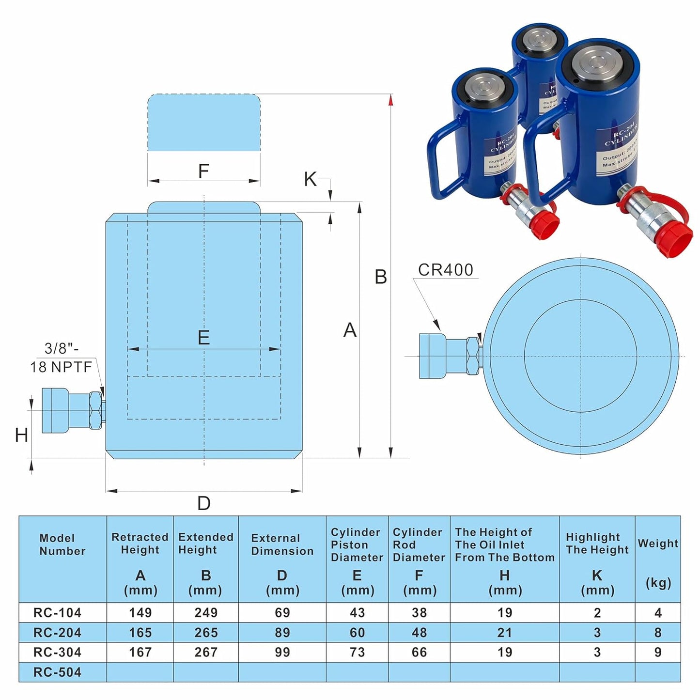 AZMCNC - Cilindro hidráulico de 20 toneladas de acción única de 4 pulgadas de carrera 20T cilindro hidráulico gato elevador Ram portátil de acción única cilindros de elevación con carrera de 100 mm