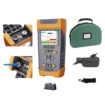 1310/1550nm 32/30dB OTDR monomodo Komshine QX55 Mini OTDR con VFL 3.1-5.0 mi + medidor de potencia de fibra OPM + fuente de luz SM 1310/1550nm + función de mapa de enlace con divisores de fibra 1:16 + prueba de redes RJ45