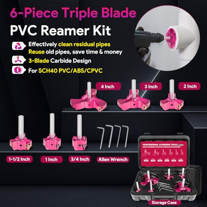 Kit de escariador de tubería de PVC de triple hoja de 6 piezas, herramienta de escariador de montaje de tubería de plástico para fontanería, 3 cuchillas, insertos de PVC para SCH40, ABS, tubería de