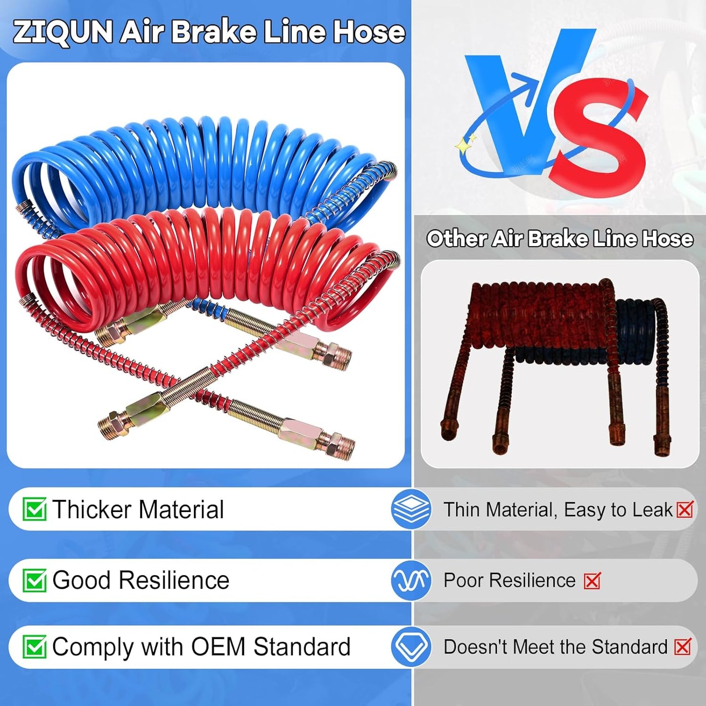 ZIQUN Conjunto de bobina de manguera de freno de aire, juego de mangueras de bobina de freno de aire de camión de 15 pies para semircamiones, tractores remolques, accesorios NPT DOT de 1/2 pulgada (15 pies de longitud x 40 pulgadas)