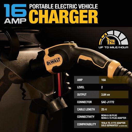 DEWALT Cargador portátil de nivel 2 para vehículos eléctricos de hasta 16 amperios 120-240 V, certificado CSA para interiores y exteriores, NEMA 6-20 con adaptador 5-15 incluido, cable de 25 pies