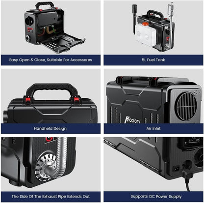 HCALORY Calentador de aire diésel portátil de 12 V, calentador de estacionamiento diésel todo en uno de 5 KW, calentador de litera de estacionamiento con control de aplicación Bluetooth y monitor LCD