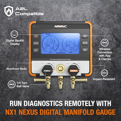 NAVAC NX1 Nexus - Manómetro digital para sondas de temperatura, con Bluetooth para sondas de temperatura, resistente a los impactos, con cuerpo de aluminio y cubierta de goma, compatible con A2L