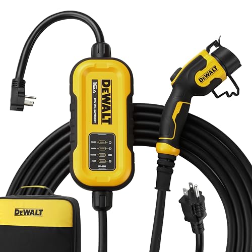 DEWALT Cargador portátil de nivel 2 para vehículos eléctricos de hasta 16 amperios 120-240 V, certificado CSA para interiores y exteriores, NEMA 6-20 con adaptador 5-15 incluido, cable de 25 pies