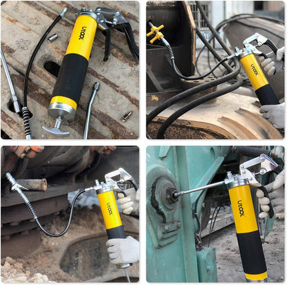 UTOOL - Pistola de engrase, 8000 PSI, kit de pistola de engrasar de alta resistencia con capacidad de 14 onzas, manguera flexible de resina de 18 pulgadas, 2 acopladores básicos, 2 tubos rígidos de
