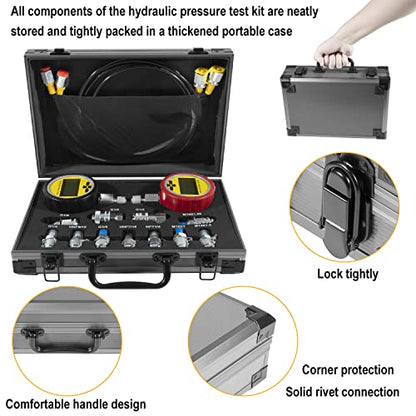 Kit de verificación de presión hidráulica de 70 m, con medidores de presión digitales de 10000 PSI/70 MPa, 11 acoplamientos, 2 mangueras de prueba, kit de acoplamiento de probador hidráulico para
