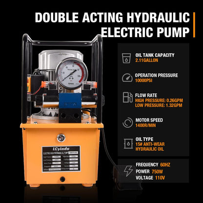 LCyindu - Bomba eléctrica hidráulica de 8.4 cuartos de galón, válvula solenoide de doble efecto de 8 litros, paquete de energía hidráulica, bomba portátil eléctrica, cilindro DB075-D2