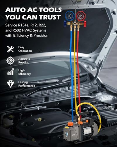Orion Motor Tech Juego de bomba de vacío y medidor de CA, kit de manómetro de bomba de vacío de 1/3 hp 4 cfm con detector de fugas, 3 mangueras y accesorios para R134a R12 R22 R502, kit de bomba de vacío de A/C para sistemas de HVAC automático