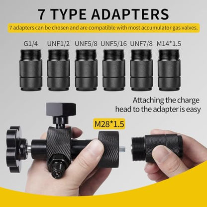 Kit de carga de acumulador de nitrógeno hidráulico con 3 medidores de prueba de presión y 7 adaptadores (M28* 1.5, UNF 5/8, UNF 1/2, etc.), kit de carga de nitrógeno métrico para acumulador GRYVOZE