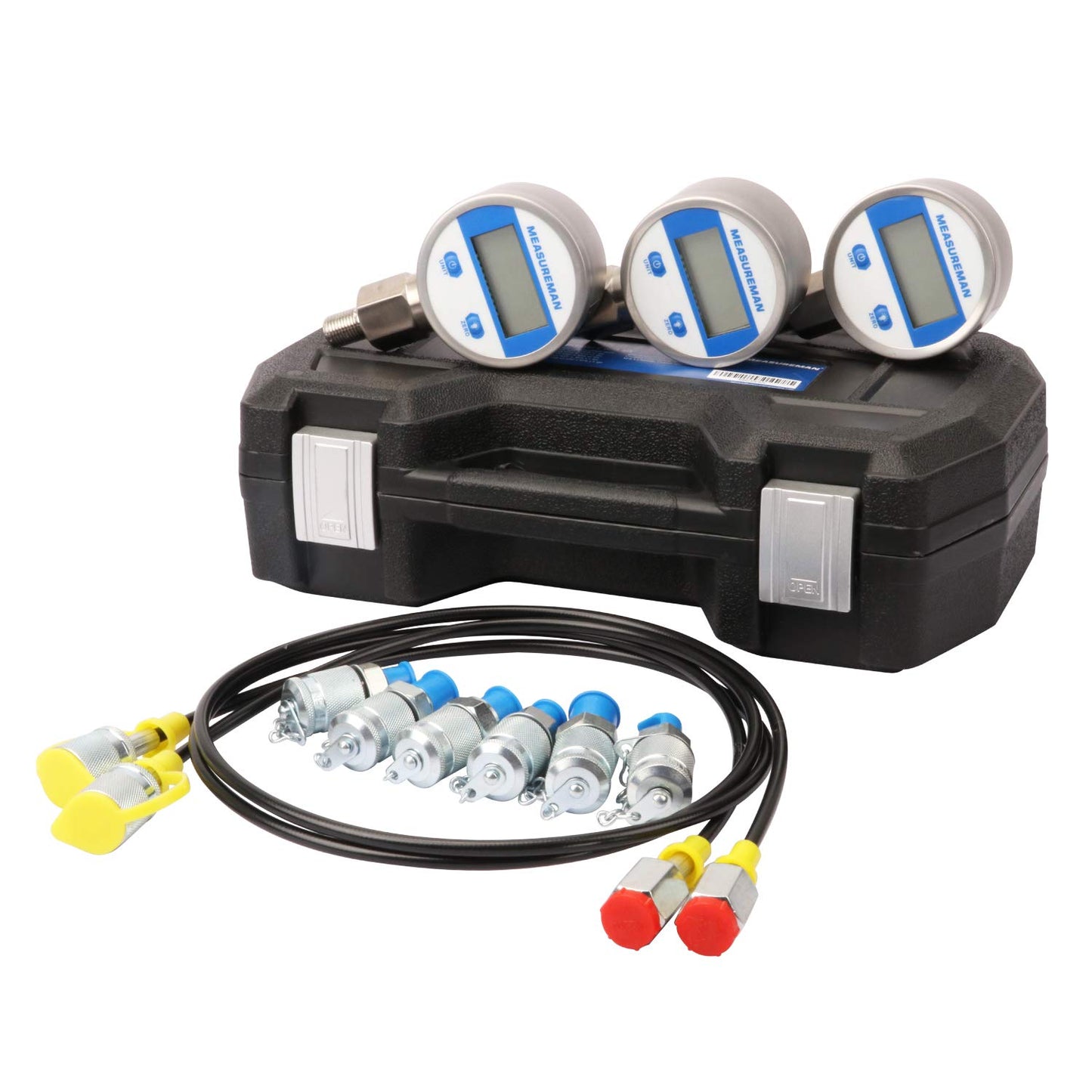Measureman Kit de prueba de presión digital hidráulica portátil para excavadora, incluye 6 acoplamientos de prueba, 3 manómetros digitales (3500/6000/9000 PSI), 2 mangueras de prueba, embaladas en una