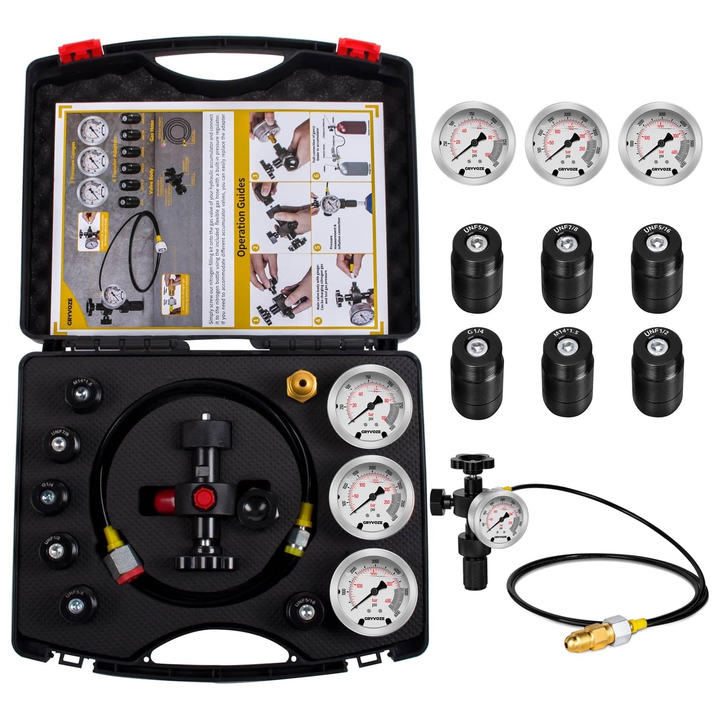 Kit de carga de acumulador de nitrógeno hidráulico, kit de llenado de nitrógeno, sistema de prueba de presión, herramientas de carga de gas con 7 adaptadores, 3 calibradores, 1 manguera de gas