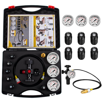 Kit de carga de acumulador de nitrógeno hidráulico, kit de llenado de nitrógeno, sistema de prueba de presión, herramientas de carga de gas con 7 adaptadores, 3 calibradores, 1 manguera de gas