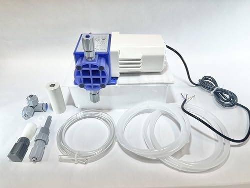 Controles de precisión: bomba de diafragma de flujo químico, 7 GPD máximo, 100 PSI, bomba dosificadora de 115 voltios, conexiones de tubo de succión y descarga de 3/8 pulgadas.