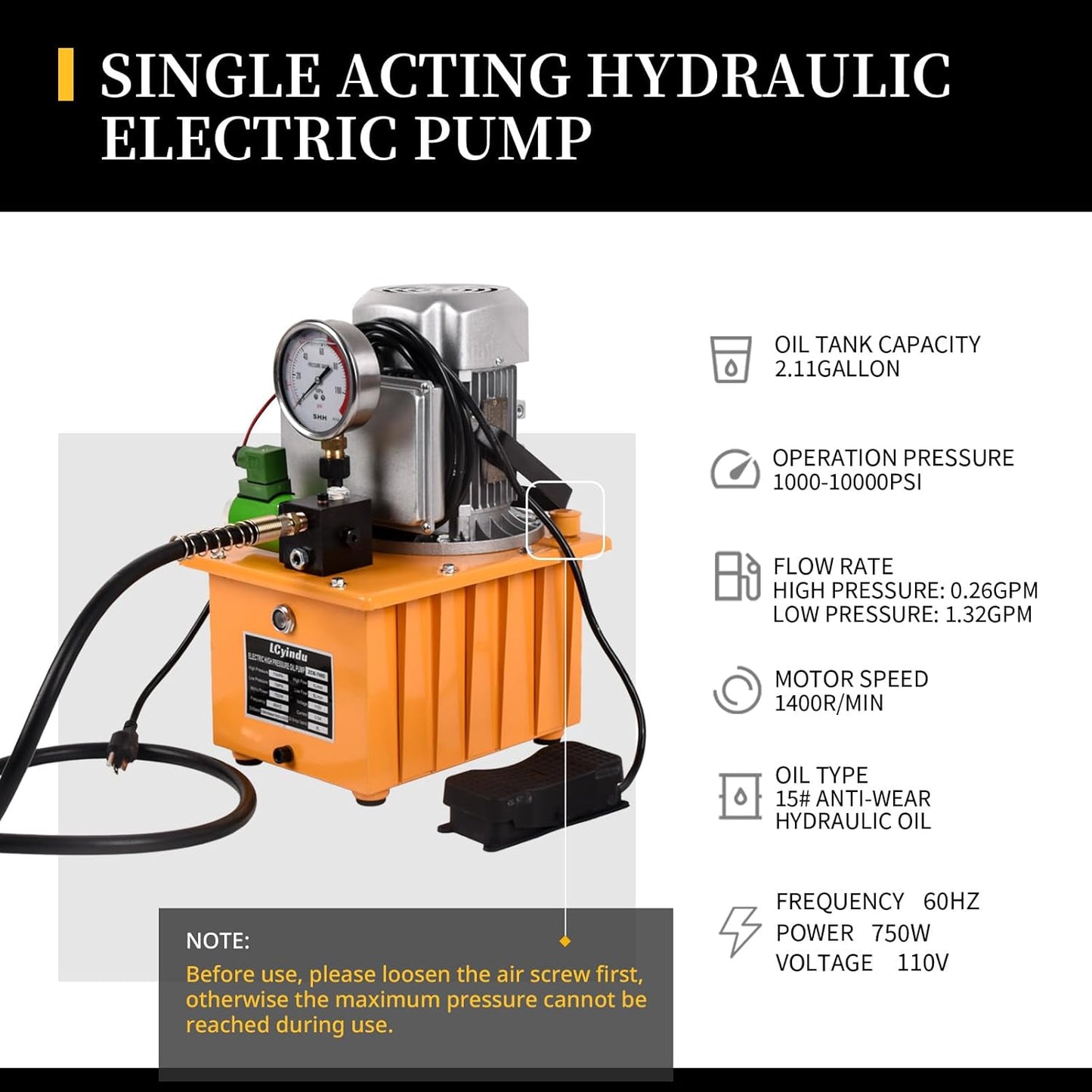LCyindu - Bomba hidráulica eléctrica de 750 W, 2 velocidades, 110 V, 10000 PSI, 8.4 cuartos de galón, válvula solenoide hidráulica, bomba eléctrica hidráulica para perforación, doblado, tomas de