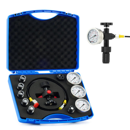 Orion Motor Tech Kit de carga de acumulador de nitrógeno hidráulico, kit de llenado de nitrógeno con 3 indicadores 1300 3500 5500 psi, 6 adaptadores, manguera de gas y cuerpo de válvula principal, kit