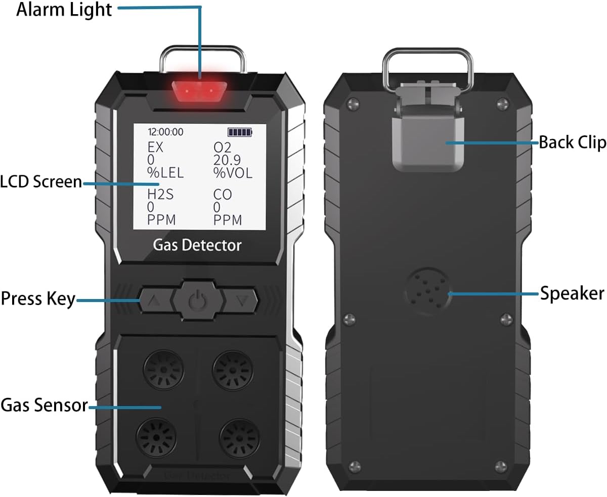 Detector de 4 gases, 4 monitores de gas portátil Detector de gas múltiple H2S, O2, CO y EX Pantalla LCD recargable Monitor H2s, sensor de calidad, medidor de gas de 13.1 ft (negro)